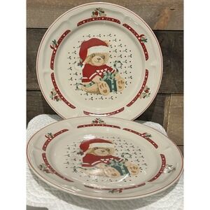 Set Of 2 TIENSHAN Stoneware Theodore Bear's Christmas Dinner Plates 11"